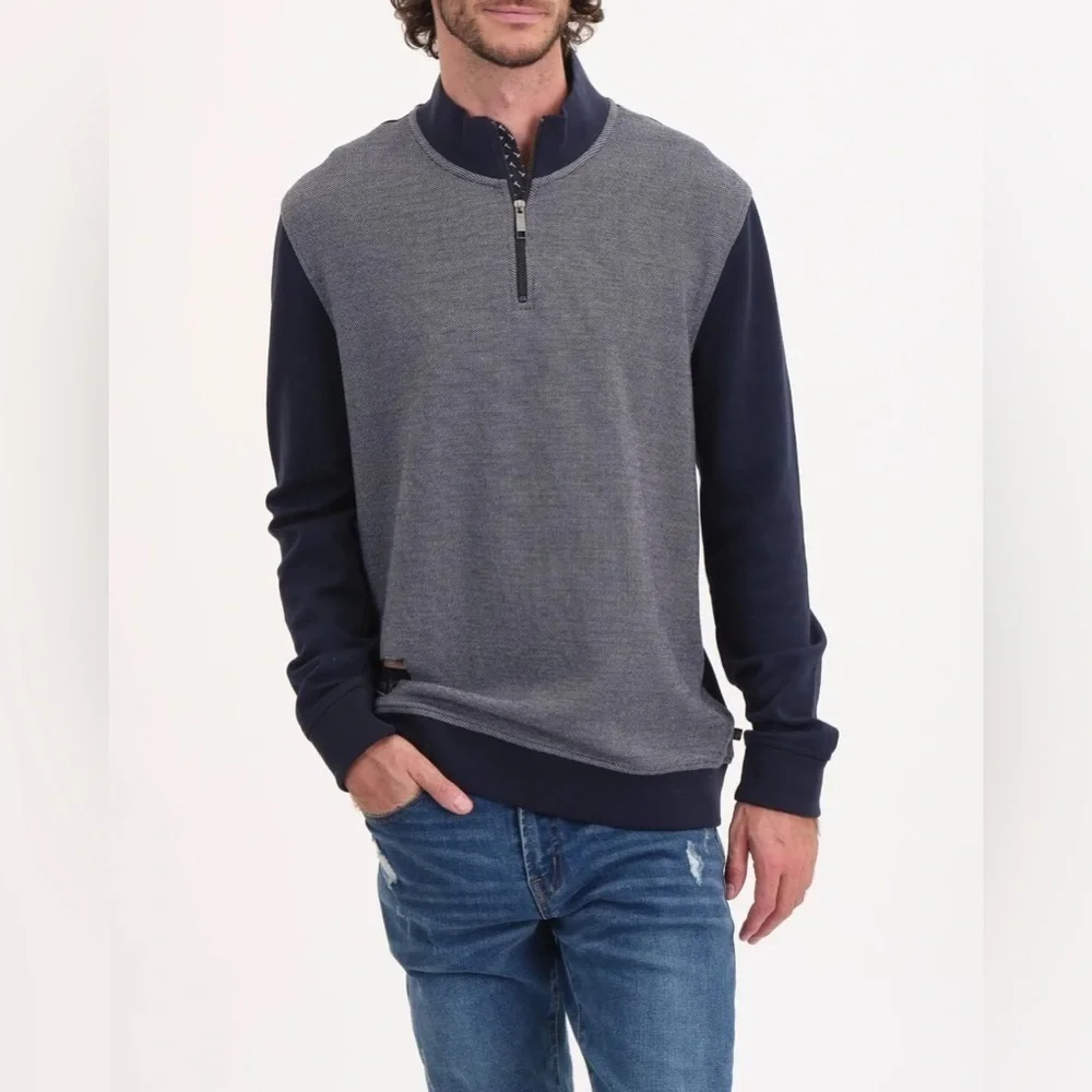 Magaschoni Men’s XL Navy Blue Color Block Long Sleeve Textured Pullover